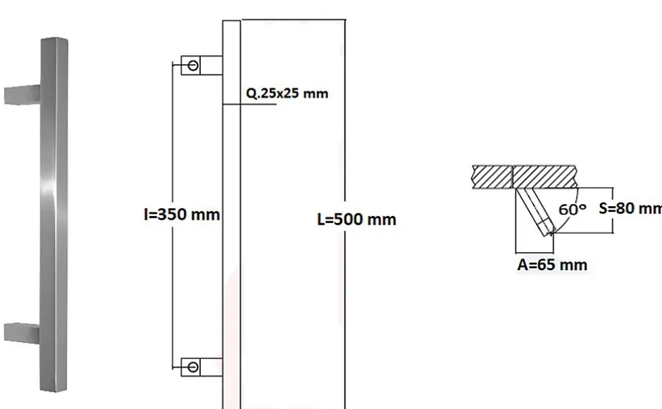 Poignée de tirage Carrée 25x25 mm - Entraxe350 - S80 - A65 - L500 mm - incliné 60 - INOX 304 Laqué RAL 9005 Noir Mat-Hardwarexchange Clearance