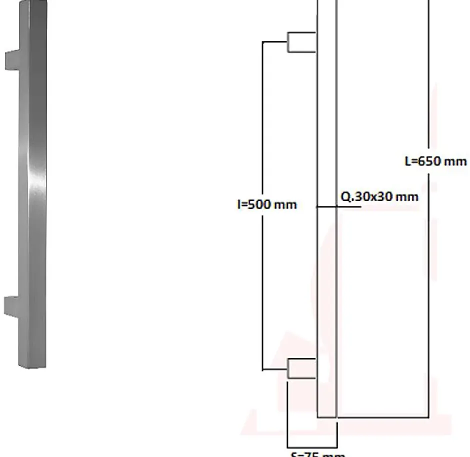 Poignée de tirage Carrée 30x30 mm - Entraxe500 - S75 - L650 mm - INOX 304 satiné-Hardwarexchange Outlet