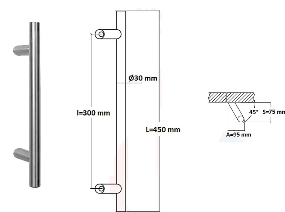 Hardwarexchange Poignée de tirage Diamètre 30 mm - Entraxe300 - S80 - A70 - L450 mm - inclinée 45 - INOX 304 satiné