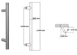 Poignée de tirage Diamètre 30 mm - Entraxe500 - S80 - A70 - L650 mm - inclinée 45 - INOX 304 satiné-Hardwarexchange Discount