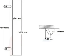 Hardwarexchange Poignée de tirage Diamètre 30 mm - Entraxe500 - S80 - A70 - L650 mm - inclinée 45 - INOX 304 Laqué RAL 9005 Noir Mat
