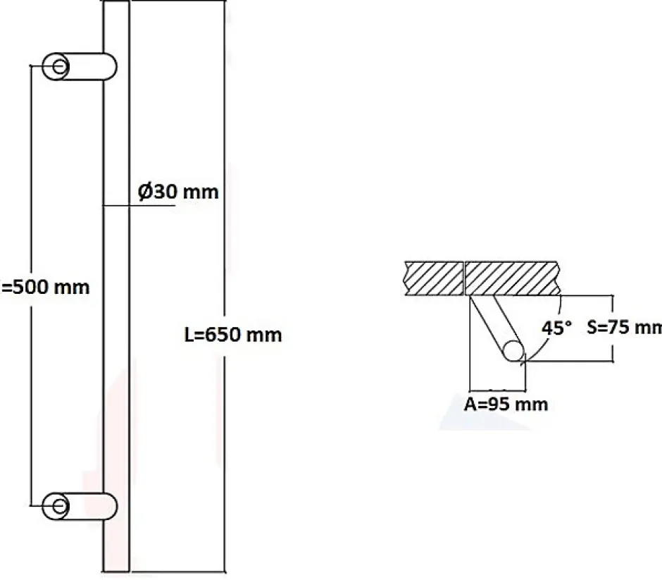 Hardwarexchange Poignée de tirage Diamètre 30 mm - Entraxe500 - S80 - A70 - L650 mm - inclinée 45 - INOX 304 Laqué RAL 9005 Noir Mat