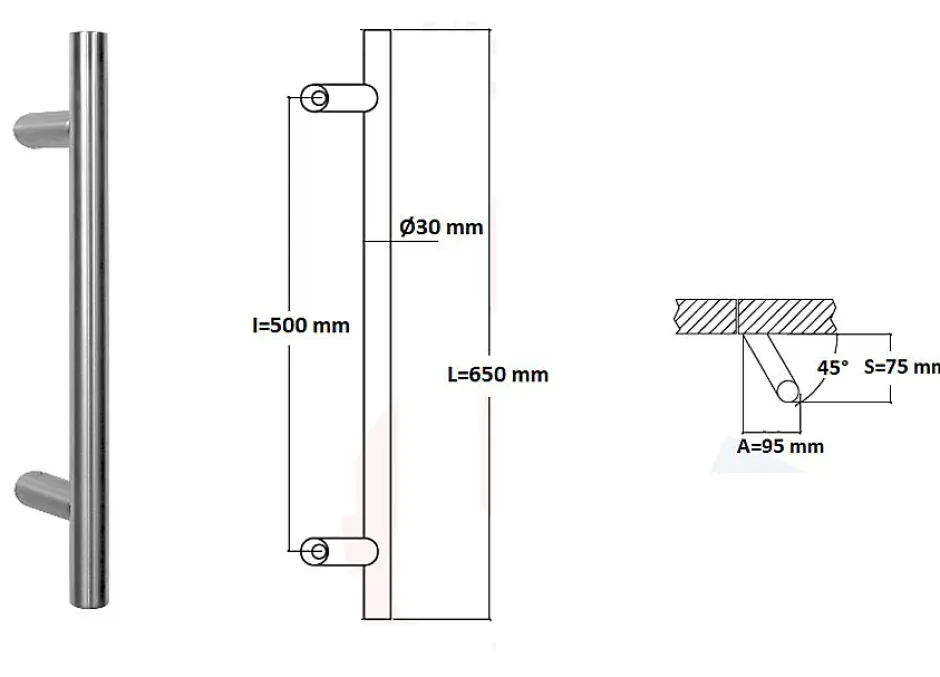 Poignée de tirage Diamètre 30 mm - Entraxe500 - S80 - A70 - L650 mm - inclinée 45 - INOX 304 poli-Hardwarexchange Best