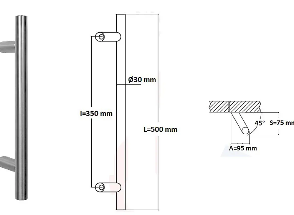 Poignée de tirage Diamètre 30 mm - Entraxe350 - S80 - A70 - L500 mm - inclinée 45 - INOX 304 satiné-Hardwarexchange Outlet
