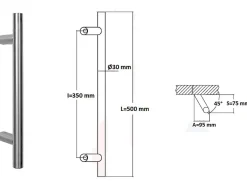 Poignée de tirage Diamètre 30 mm - Entraxe350 - S80 - A70 - L500 mm - inclinée 45 - INOX 304 Laqué RAL 9005 Noir Mat-Hardwarexchange Discount