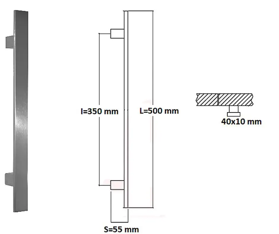 Poignée de tirage Rectangle 40x10 mm - Entraxe350 - S55 - L500 mm - INOX 304 Laqué RAL 9005 Noir Mat-Hardwarexchange Online