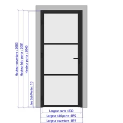 Porte battante noire H 2040 x L 830 mm - 3 verres opales horizontaux + béquille inox-MySystem New