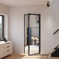 Porte complète Intérieure en verre avec cadre - Serrure- 71x197 - Noir - Transparent - 3 Vitrages - droit-Schulte Outlet