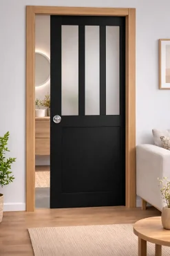 Gd Menuiseries Porte Coulissante Atelier Noir Vitre Depoli H204 X L83, Galandage, Kit Finition