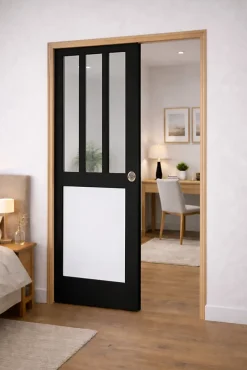 Porte Coulissante Atelier Noir, Panneau Blanc Vitrée H204 X L83, Galandage, Kit De Finition-Gd Menuiseries