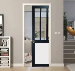 Porte Coulissante Atelier Noir, Panneau Blanc Vitrée H204 X L83, Galandage, Kit De Finition-Gd Menuiseries