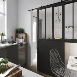 Porte coulissante Atelier noire 3 vitrages H.204 x l.83 cm