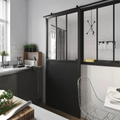 Porte coulissante Atelier noire 3 vitrages H.204 x l.83 cm