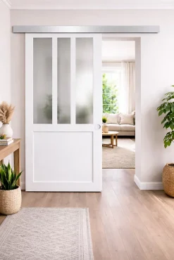 Porte Coulissante Atelier Blanc Vitre Depoli H204 X L93, Rail Alu, Coquilles Blanc-Gd Menuiseries Clearance