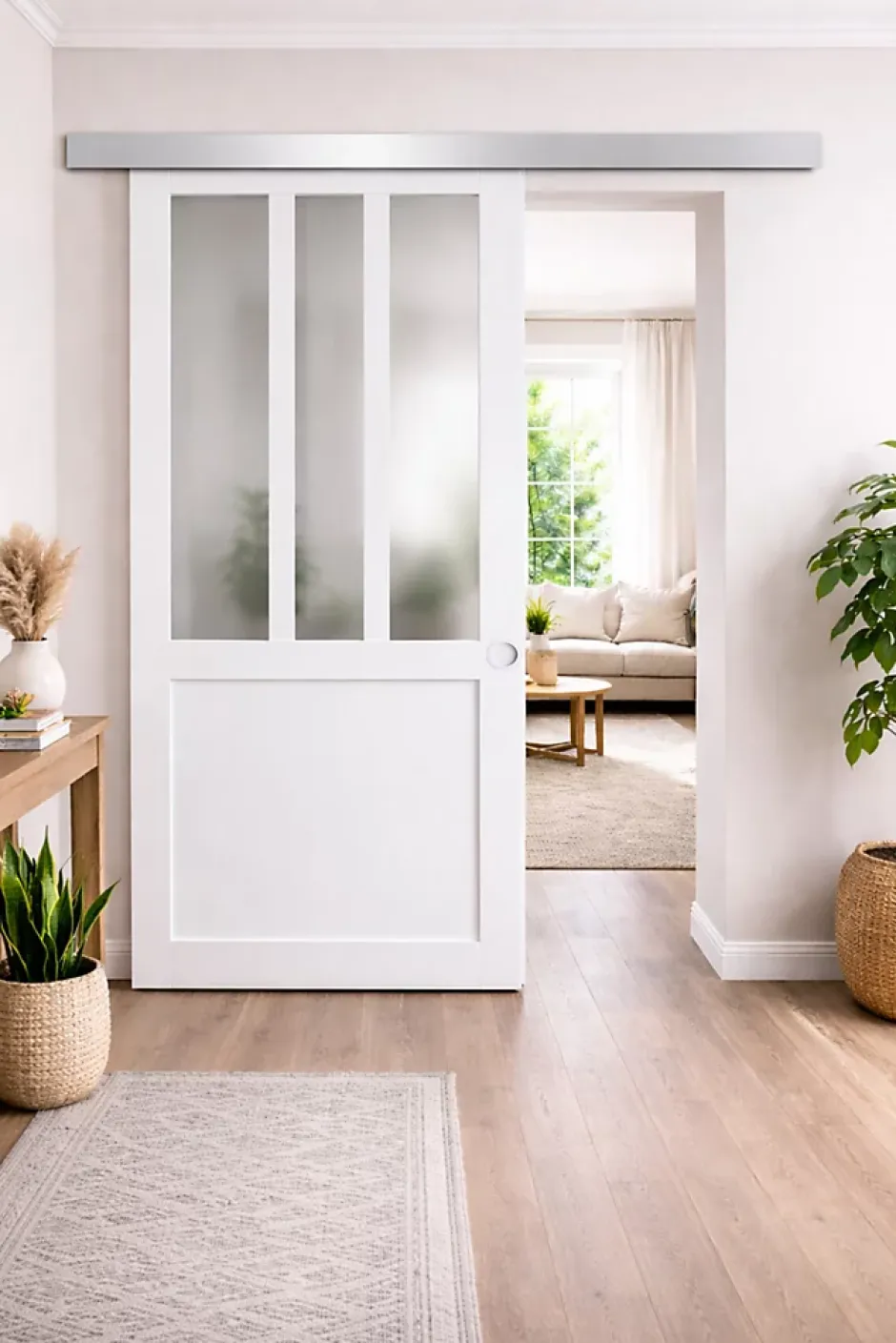 Porte Coulissante Atelier Blanc Vitre Depoli H204 X L93, Rail Alu, Coquilles Blanc-Gd Menuiseries Clearance