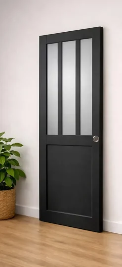 Porte Coulissante Atelier Noir Vitre Depoli H204 X L93, Serrure Condamnation-Gd Menuiseries New