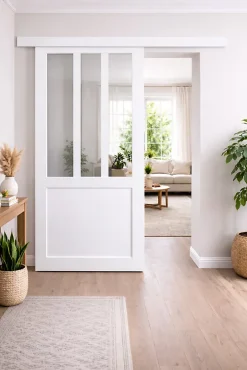 Porte Coulissante Atelier Blanc H204 X L93, Rail Alu Bandeau Blanc-Gd Menuiseries Online