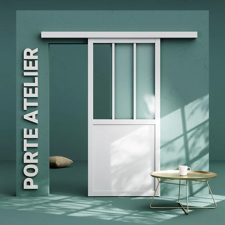 Coulicool Porte Coulissante avec Rail - Atelier Blanche 83 cm - Sans poignée