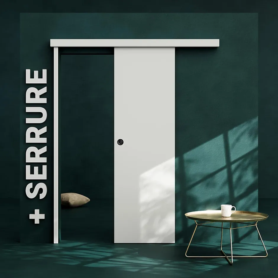 Coulicool Porte Coulissante avec Rail + Serrure - Prépeinte Plane 63 cm