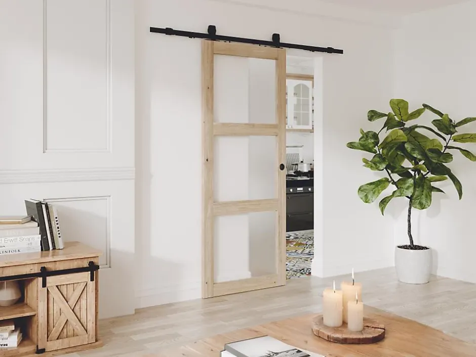 Porte coulissante avec système en applique en bois et verre trempé dépoli - 3 fenêtres - H205 x L63 cm - ACOSTA II-Vente-unique Sale