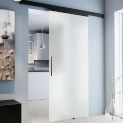 Porte Coulissante Complète 90x203 - Rail Noir - Verre De Sécurité - Verre Sablé - Poignée Barre -softclose-Schulte New