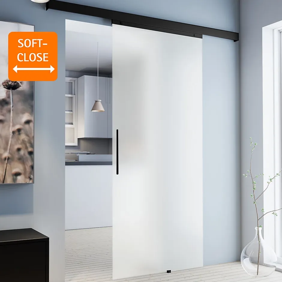 Porte Coulissante Complète 90x203 - Rail Noir - Verre De Sécurité - Verre Sablé - Poignée Barre -softclose-Schulte New