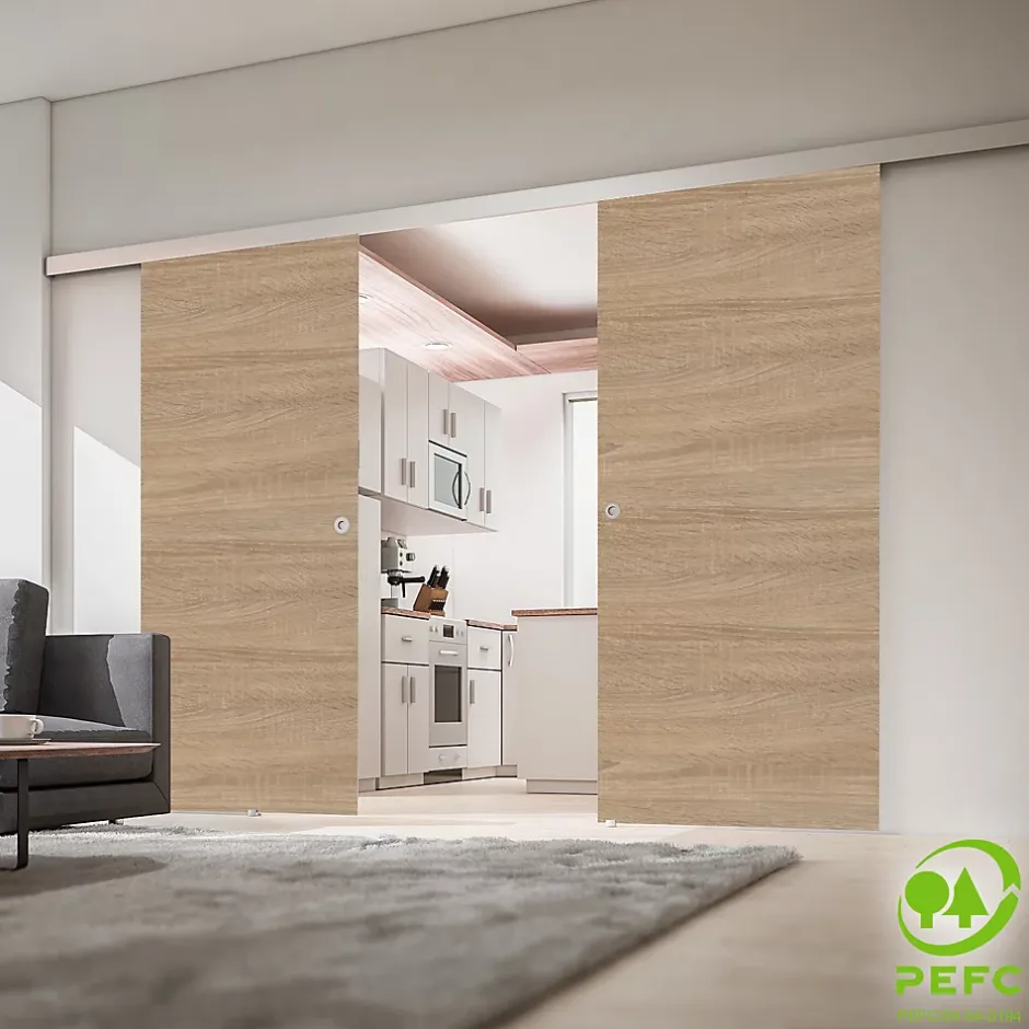 Schulte Porte coulissante complète - 176x203 - décor chêne - double porte - poignée ronde - double softclose