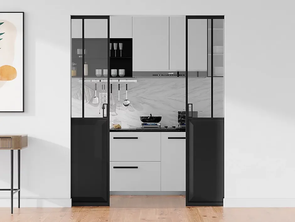 Porte coulissante double atelier avec système à galandage - Noir et verre trempé - 2 x H205 x L93 cm - ARTISTO II-Vente-unique Best