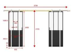 Porte coulissante double atelier avec système à galandage - Noir et verre trempé - 2 x H205 x L93 cm - ARTISTO II-Vente-unique Best