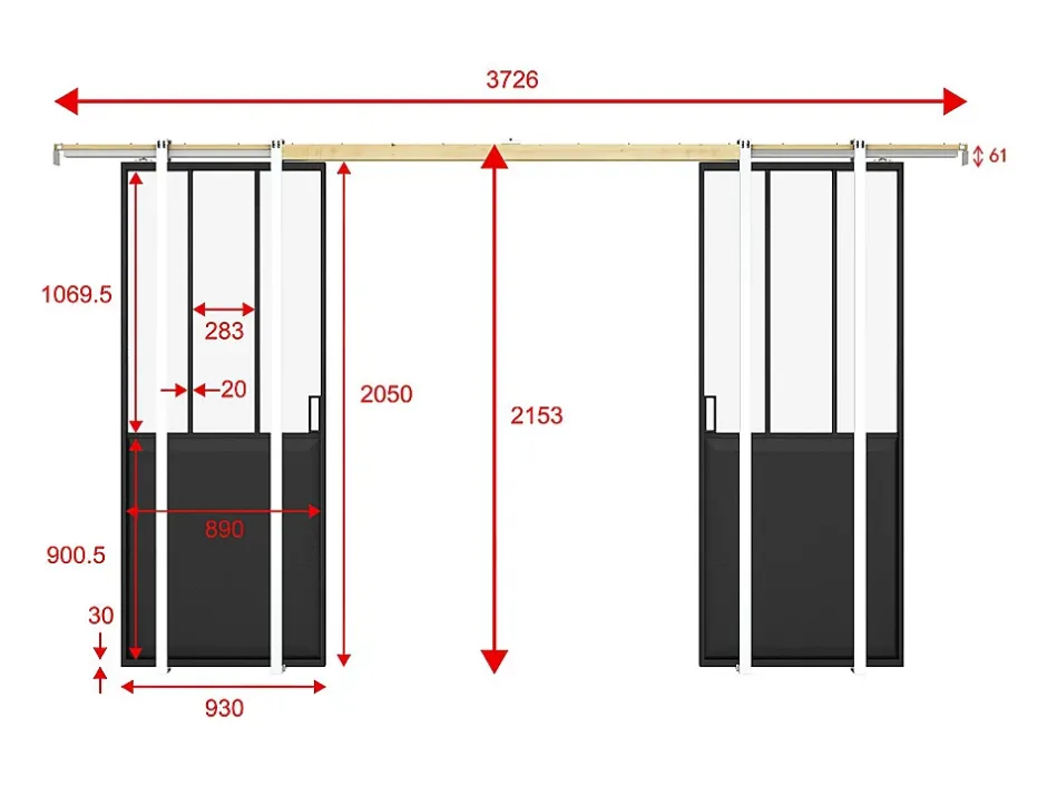 Porte coulissante double atelier avec système à galandage - Noir et verre trempé - 2 x H205 x L93 cm - ARTISTO II-Vente-unique Best
