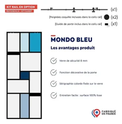 Aurys Porte coulissante en verre seule (rail non inclus) - MONDO OPAQUE BLEUE - H. 204 x L. 93 - Fabrication Française NORMANDIE