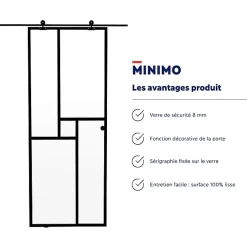 Aurys Porte coulissante en verre seule (rail non inclus) - MINIMO - H.204 x L.93 cm - Fabrication Française NORMANDIE