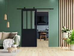 Porte coulissante vitrée esprit atelier noir H.204 x l.73 cm