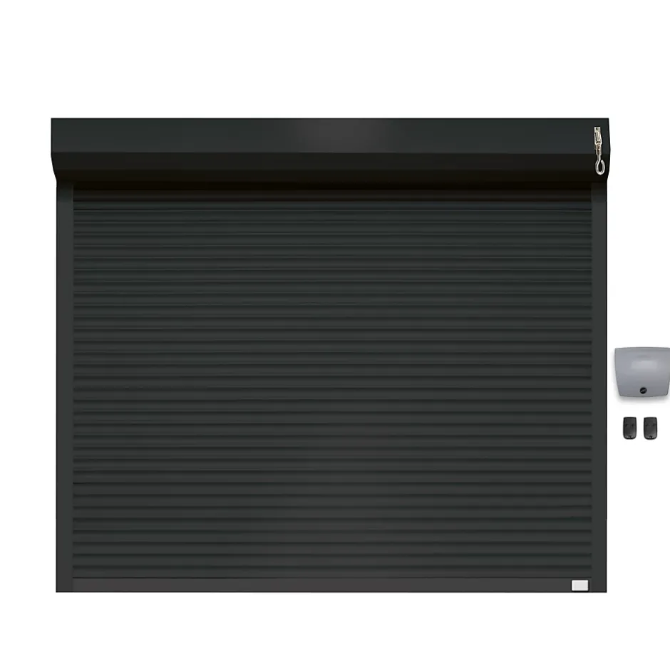 Porte de garage motorisée enroulable aluminium Ambre gris H.200 x L.253,2 cm avec hublots-Protecta Online