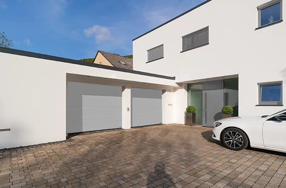 Hormann Porte de garage sectionnelle acier Planar blanc aluminium RAL 9006 Matt Deluxe - l.237,5 x h.212,5 cm - motorisée