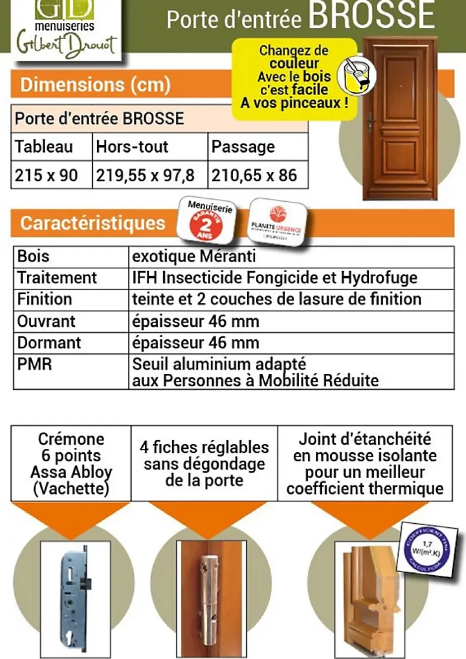 Gd Menuiseries Porte D'entrée Bois Pleine Tahi 1, H.215xl.90 Côte Tableau P. Gauche