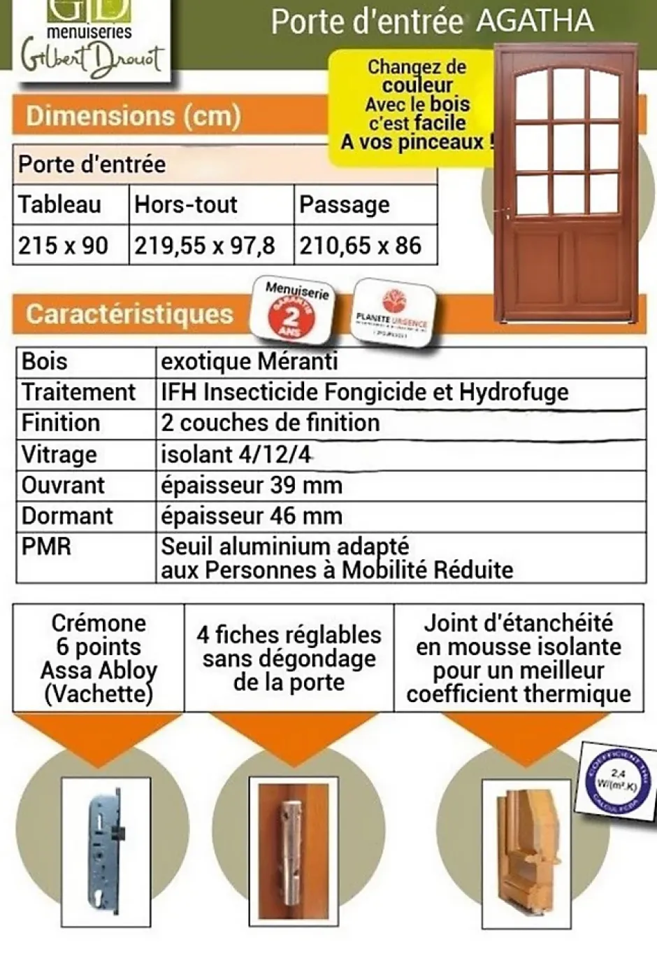 Porte D'entrée Bois Vitrée Agatha, H.215xl.90 P,gauche Côte Tableau, Poignée, Barillet-Gd Menuiseries New