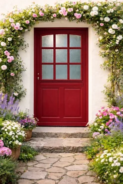 Porte D'entrée Bois Vitrée Alize Rouge Ral 3004, H.215xl.90 Côte Tableau P.droit, Poignée, Barillet-Gd Menuiseries Outlet