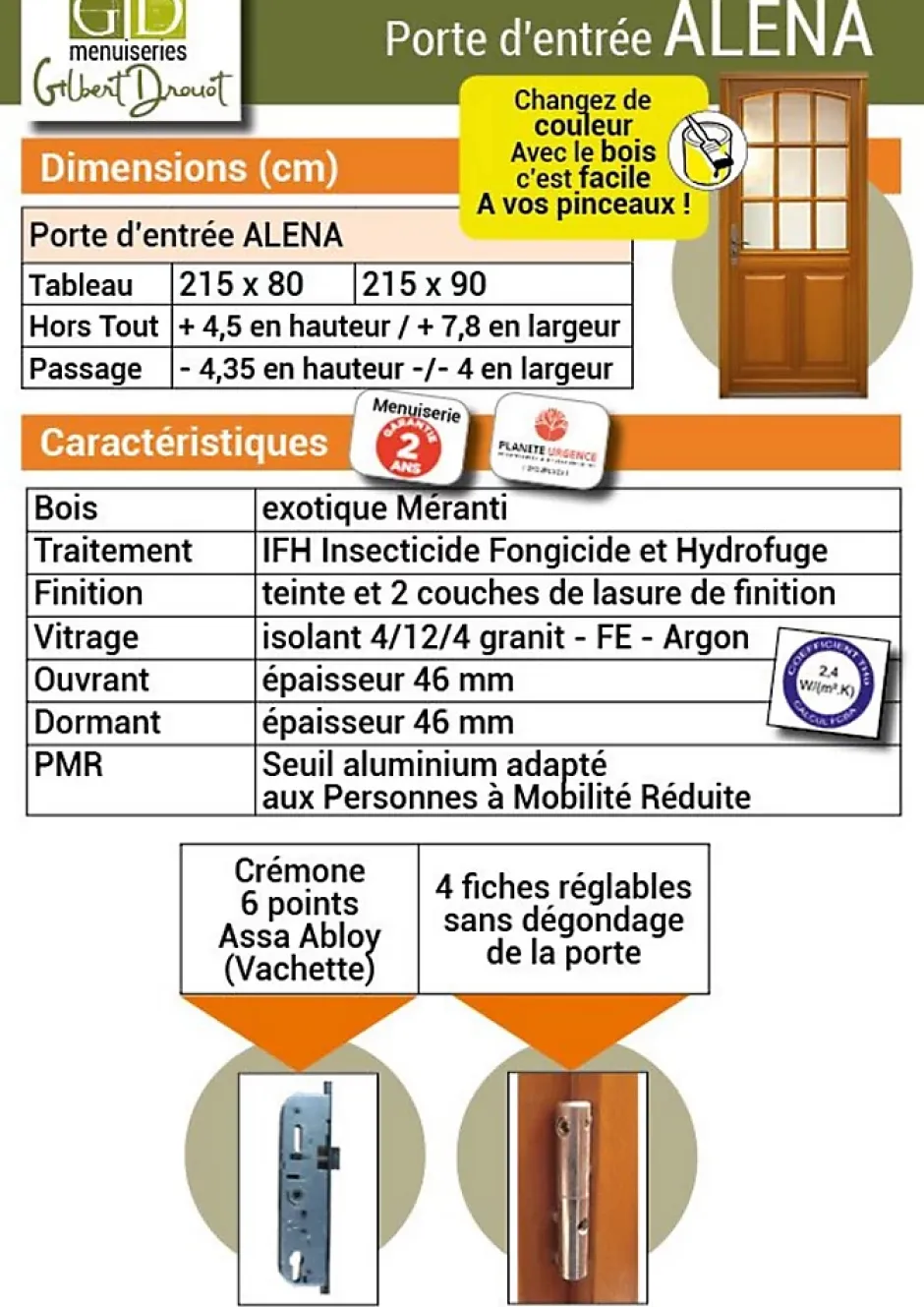 Porte D'entrée Bois Vitrée Alena, H.215xl.80 Côte Tableau P. Gauche-Gd Menuiseries New