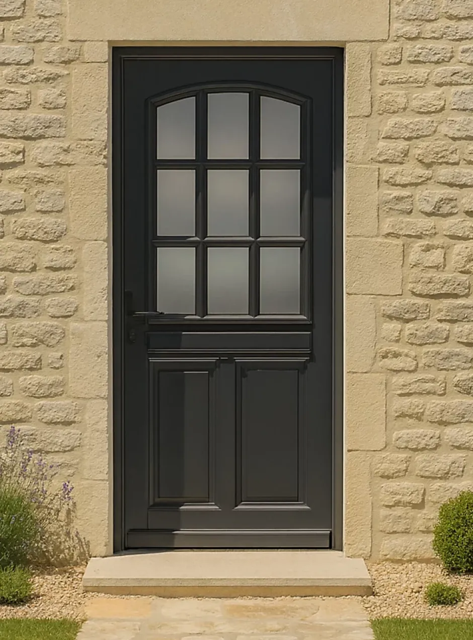 Gd Menuiseries Porte D'entrée Bois Vitrée Alicia Gris Ral7016, H.215xl.80 Côte Tableau, P.droit