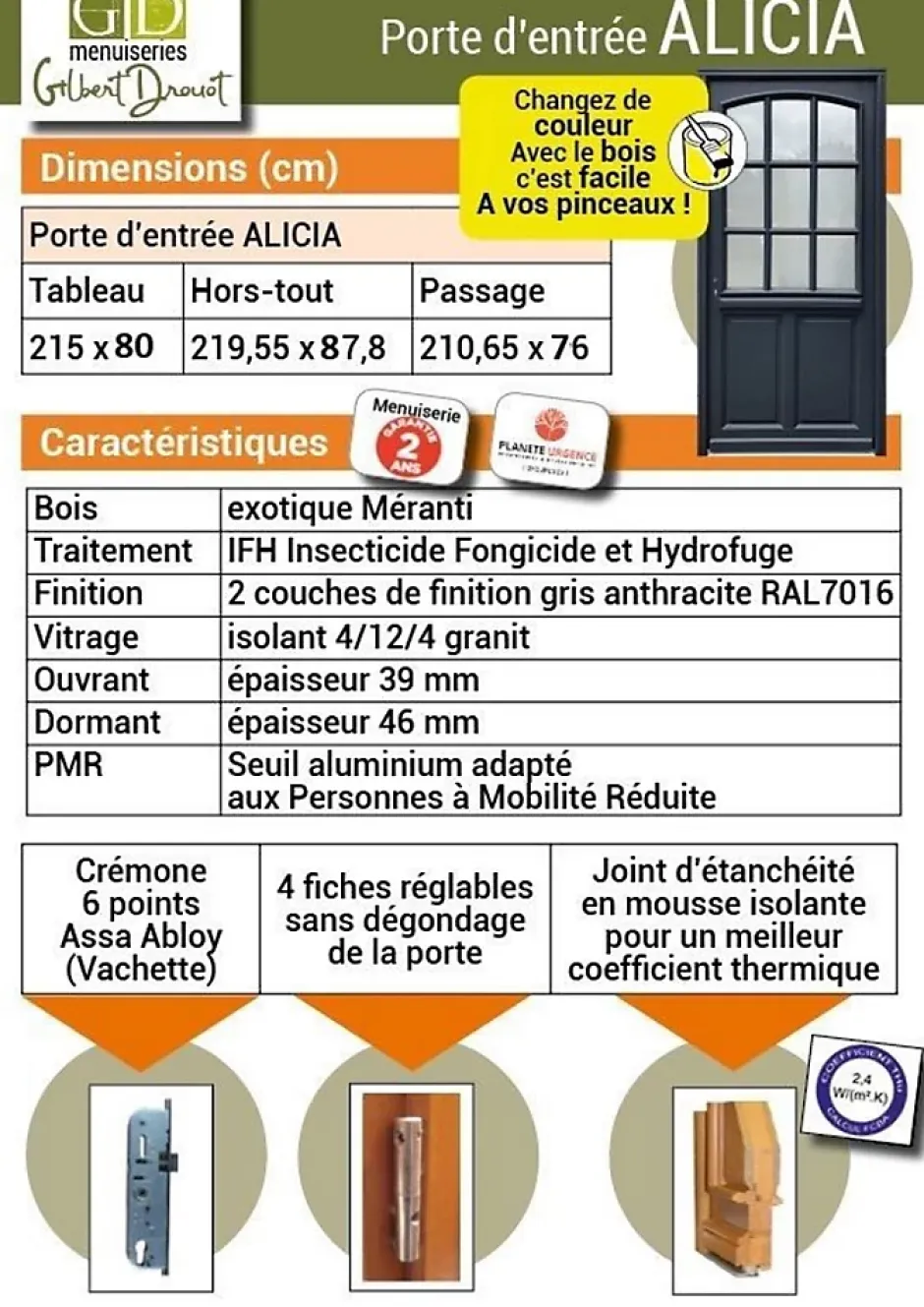 Gd Menuiseries Porte D'entrée Bois Vitrée Alicia Gris Ral7016, H.215xl.80 Côte Tableau, P.droit