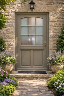 Gd Menuiseries Porte D'entrée Bois Vitrée Alban Gris Ral 7039, H.215xl.90 Côte Tableau P. Gauche