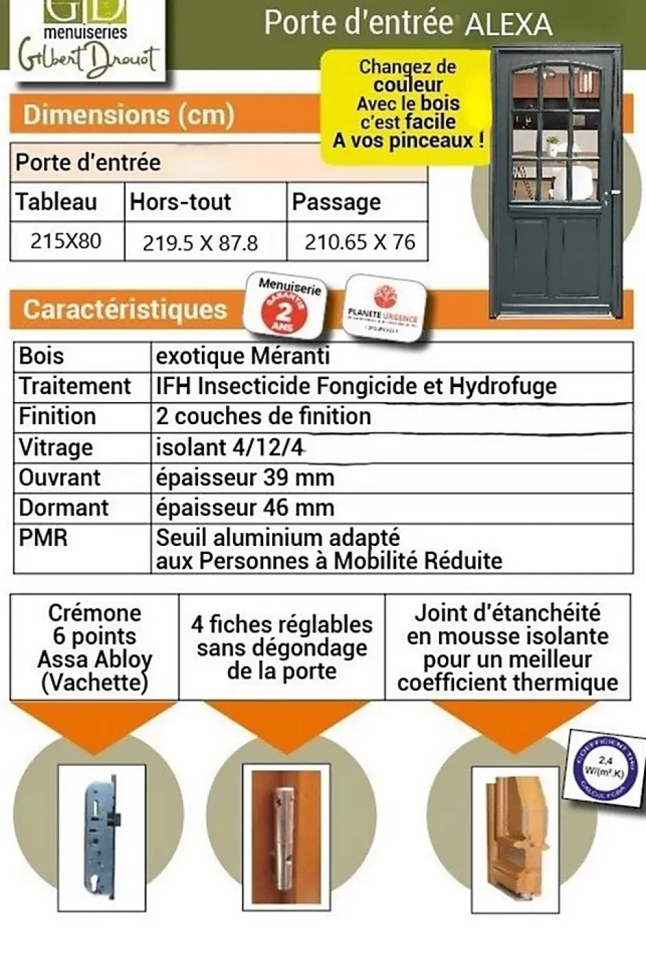 Gd Menuiseries Porte D'entrée Bois Vitrée Alexa Gris Ral7016, H.215xl.80 Côte Tableau P.gauche