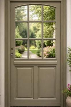 Porte D'entrée Bois Vitrée Ady, Vert Ral7002,, H.215xl.90 Côte Tableau P.droit Poignée, Barillet-Gd Menuiseries New