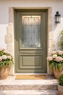 Gd Menuiseries Porte D'entrée Bois Vitrée Canelle Vert Ral 7002, H.215xl.90 Côte Tableau P. Gauche