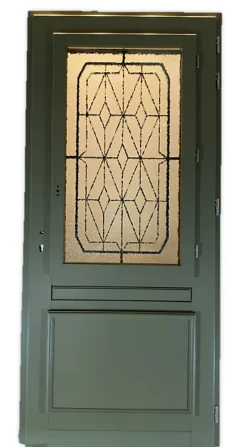 Gd Menuiseries Porte D'entrée Bois Vitrée Canelle Vert Ral 7002, H.215xl.90 Côte Tableau P. Gauche