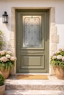 Gd Menuiseries Porte D'entrée Bois Vitrée Canelle Vert Ral 7002, H.215xl.90 P,droit Côte Tableau