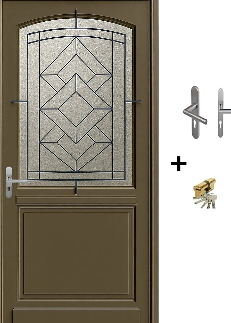 Gd Menuiseries Porte D'entrée Bois Vitrée Elsie, Vert Ral7002, H.215xl.90 Côte Tableau P.droit Poignée, Barillet