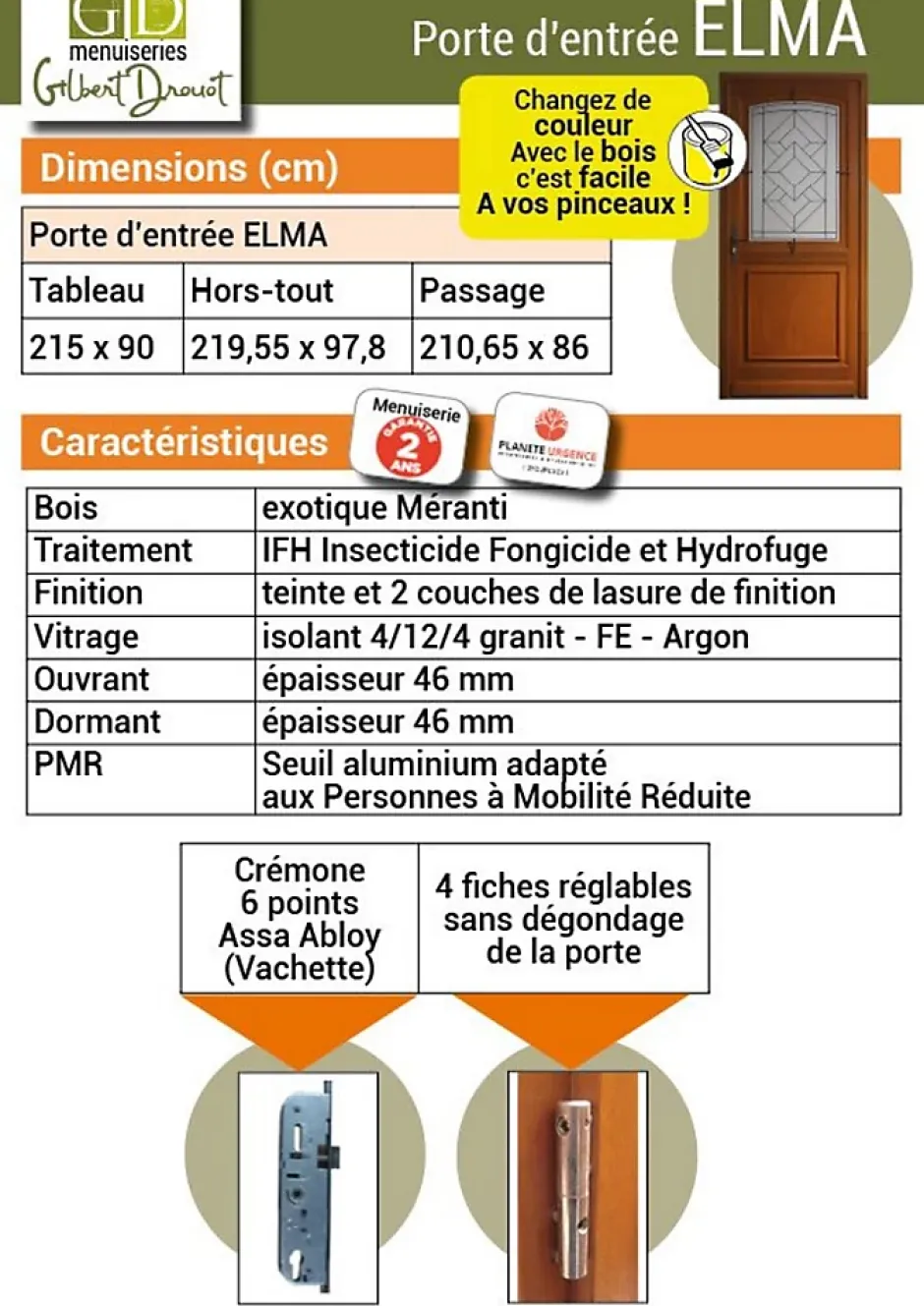 Gd Menuiseries Porte D'entrée Bois Vitrée Elsie, Vert Ral7002, H.215xl.90 Côte Tableau P.droit Poignée, Barillet