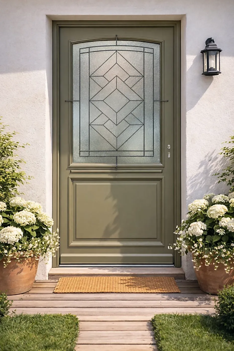 Gd Menuiseries Porte D'entrée Bois Vitrée Elsie, Vert Ral7002, H.215xl.90